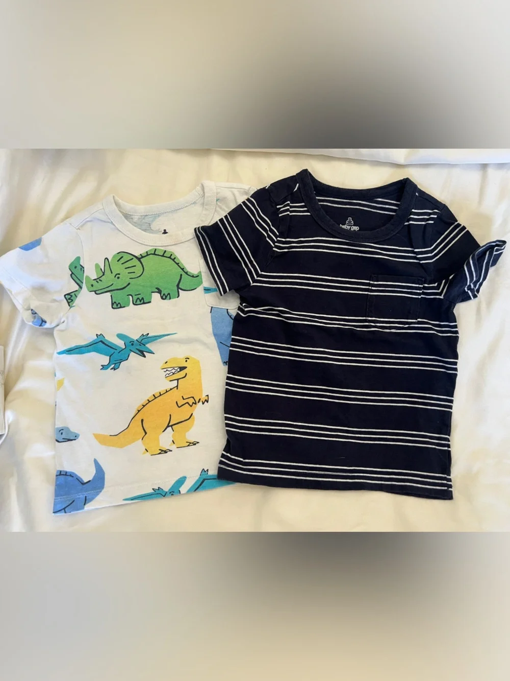 GAP Boys 2-Pack Dino Print White & Navy Stripe Short Sleeve Tops